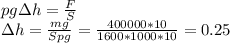 pgзh=\frac{F}{S}\\ зh=\frac{mg}{Spg}=\frac{400000 * 10}{1600*1000*10}=0.25
