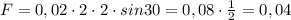 F=0,02 \cdot 2 \cdot 2 \cdot sin30 = 0,08 \cdot \frac{1}{2}=0,04