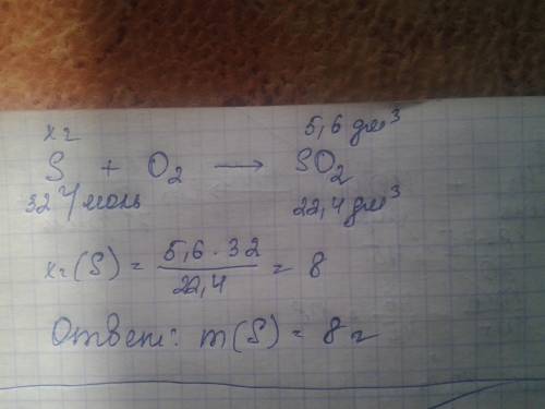 При обжоге серы в кислороде получили оксид серы (4) объемом 5,6 л (н.у.) опредилте массу серы котора