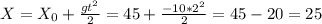 X=X_0+\frac{gt^2}{2}=45+\frac{-10*2^2}{2}=45-20=25