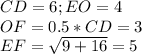 CD=6;EO=4\\OF=0.5*CD=3\\EF=\sqrt{9+16}=5