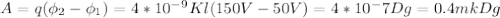 A=q(\phi_2-\phi_1)=4*10^-^9Kl(150V-50V)=4*10^-7Dg=0.4mkDg