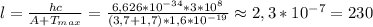 l= \frac{hc}{A+T_{max}}=\frac{6,626*10^{-34}*3*10^8}{(3,7+1,7)*1,6*10^{-19}}\approx2,3*10^{-7}=230