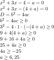 x^2+3x-4-a=0 \\ x^2+3x-(4+a)=0 \\ D=b^2-4ac \\ b^2-4ac\ge0 \\ 3^2-4 \cdot 1 \cdot (-(4+a)\ge0 \\ 9+4(4+a)\ge0 \\ 9+16+4a\ge0 \\ 25+4a\ge0 \\ 4a\ge-25 \\ a\ge6,25