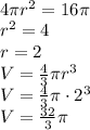 \\4\pi r^2=16\pi\\ r^2=4\\ r=2\\ V=\frac{4}{3}\pi r^3\\ V=\frac{4}{3}\pi \cdot2^3\\ V=\frac{32}{3}\pi