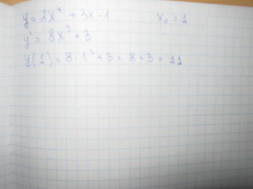 Найдите угловой коэффициент касательной к графику функции y=2x^4+3x-1 в точке с абсциссой x0=1