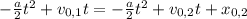 -\frac{a}{2} t^2 + v_{0,1} t = -\frac{a}{2} t^2 + v_{0,2} t + x_{0,2}