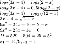 log_2(3x-4)=log_4(2-x)\\ log_2(3x-4)=0,5log_2(2-x)\\ log_2(3x-4)=log_2\sqrt{(2-x)}\\ 3x-4=\sqrt{2-x}\\ 9x^2-24x+16=2-x\\ 9x^2-23x+14=0\\ D=529-504=25=5^2\\ x_1=14/9,x_2=1