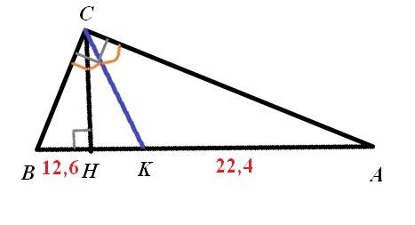 Высота прямоугольного треугольника делит гипотенузу на отрезки 12.6см и 22.4 см. найдите длины отрез