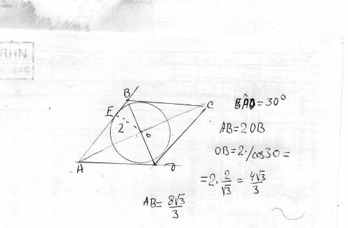 Вромб, который делится своей диагональю на два равносторонних треугольника, вписана окружность с рад