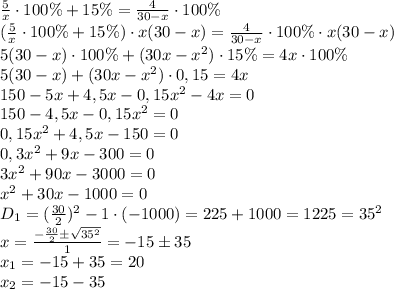 \frac{5}{x} \cdot 100 \% + 15 \% = \frac{4}{30-x} \cdot 100 \% \\&#10;(\frac{5}{x} \cdot 100 \% + 15 \%) \cdot x(30-x) = \frac{4}{30-x} \cdot 100 \% \cdot x(30-x) \\&#10;5(30-x)\cdot100\%+(30x-x^2)\cdot15\%=4x\cdot100\% \\&#10;5(30-x)+(30x-x^2)\cdot0,15=4x \\&#10;150-5x+4,5x-0,15x^2-4x=0 \\&#10;150-4,5x-0,15x^2=0 \\&#10;0,15x^2+4,5x-150=0 \\&#10;0,3x^2+9x-300=0 \\&#10;3x^2+90x-3000=0 \\&#10;x^2+30x-1000=0 \\&#10;D_1=(\frac{30}{2})^2-1\cdot(-1000)=225+1000=1225=35^2 \\&#10;x=\frac{-\frac{30}{2}б\sqrt{35^2}}{1}=-15б35 \\&#10;x_1=-15+35=20 \\&#10;x_2=-15-35