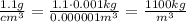 \frac{1.1g}{cm^3}=\frac{1.1\cdot0.001kg}{0.000001m^3}=\frac{1100kg}{m^3}