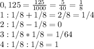 0,125 = \frac{125}{1000} = \frac{5}{40} = \frac{1}{8}\\&#10;1: 1/8 + 1/8 = 2/8 = 1/4\\&#10;2: 1/8 - 1/8 = 0\\&#10;3: 1/8*1/8= 1/64\\&#10;4: 1/8:1/8 = 1