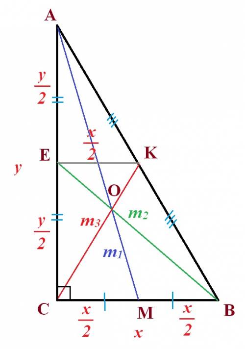 Медианы, проведенные к катетам прямоугольного треугольника, равны m1 и m2. найдите медиану, проведен