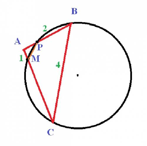 Втреугольнике авс известны стороны ав = 2, вс = 4. окружность, проходящая через точки в и с, пересек