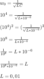 w_0= \frac{1}{\sqrt{LC}} \\\\10^4= \frac{1}{\sqrt{L*10^{-6}}} \\\\(10^4)^2= (\frac{1}{\sqrt{L*10^{-6}}})^2 \\\\10^8= \frac{1}{L*10^{-6}} \\\\\frac{1}{10^8}=L*10^{-6} \\\\\frac{1}{10^8*10^{-6}}=L \\\\L=0,01