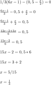 1/3(6x-1) - (0,5 - \frac{x}{2}) = 0&#10; \\\\ \frac{6x-1}{3}-0,5+\frac{x}{2}=0&#10; \\\\\frac{6x-1}{3}+\frac{x}{2}=0,5&#10; \\\\ \frac{12x-2+3x}{6}=0,5&#10; \\\\ \frac{15x-2}{6}=0,5&#10;\\\\15x-2=0,5*6&#10; \\\\ 15x=3+2&#10;\\\\x=5/15&#10;\\\\x= \frac{1}{3}
