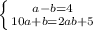 \left \{ {{a-b=4} \atop {10a+b=2ab+5}} \right.