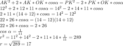 AK^2+2*AK*OK*cos \alpha=PK^2-2*PK*OK*cos \alpha \\&#10;12^2+2*12*11*cos \alpha=14^2-2*14*11*cos \alpha\\ &#10;2*11*(14+12)*cos \alpha=14^2-12^2\\&#10;22*26*cos \alpha=(14-12)(14+12)\\ 22*26*cos \alpha=2*26\\ cos\ \alpha= \frac{1}{11}\\&#10;r^2=11^2+14^2-2*11*14*\frac{1}{11}=289\\ r=\sqrt{289}=17