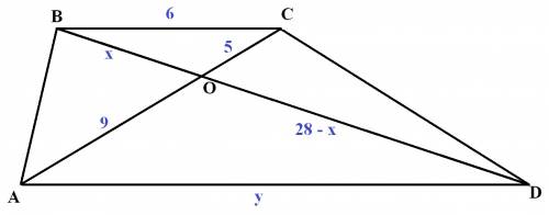 Одна из диагоналей трапеции равна 28 см и делит другую диагональ на отрезки 5 см и 9 см.найти больше