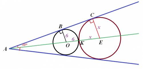 Вугол,величина которого составляет 60 градусов,вписаны два круга,которые внешне соприкасаются друг к