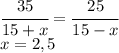 \cfrac{35}{15+x}=\cfrac{25}{15-x}\\x=2,5