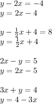 y-2x=-4 &#10;\\\&#10;y=2x-4&#10;\\\\&#10;y- \frac{1}{2} x+4=8 &#10;\\\&#10;y=\frac{1}{2} x+4&#10;\\\\&#10;2x-y=5 &#10;\\\&#10;y=2x-5&#10;\\\\&#10;3x+y=4&#10;\\\&#10;y=4-3x