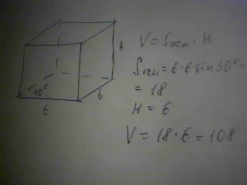 Каждое ребро прямого параллелепипеда имеет длину 6, один из углов его основания 30 градусов.найти об