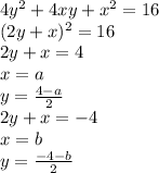 4y^2+4xy+x^2=16&#10;\\\&#10;(2y+x)^2=16&#10;\\\&#10;2y+x=4&#10;\\\&#10;x=a&#10;\\\&#10;y= \frac{4-a}{2} &#10;\\\&#10;2y+x=-4&#10;\\\&#10;x=b&#10;\\\&#10;y= \frac{-4-b}{2}