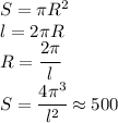 S=\pi R^2\\l=2\pi R\\R=\cfrac{2\pi}{l}\\S=\cfrac{4\pi^3}{l^2}\approx 500