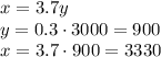 x=3.7y&#10;\\\ &#10;y=0.3\cdot3000=900&#10;\\\ &#10;x=3.7\cdot900=3330