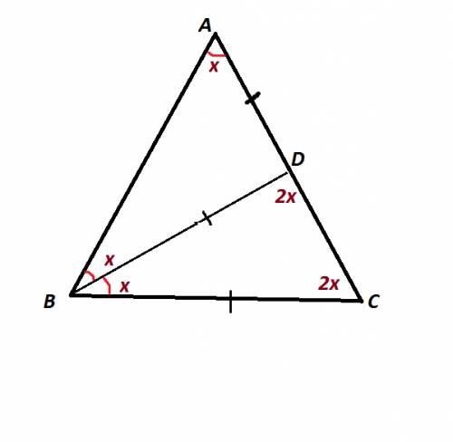 Угол при основании вс равнобедренного треугольника авс в двое больше угла при вершине, bd - биссиктр