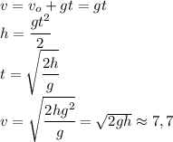 v=v_o+gt=gt\\h=\cfrac{gt^2}{2}\\t=\sqrt{\cfrac{2h}{g}}\\v=\sqrt{\cfrac{2hg^2}{g}}=\sqrt{2gh}\approx 7,7