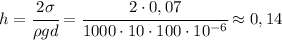 h=\cfrac{2\sigma}{\rho gd}=\cfrac{2\cdot 0,07}{1000\cdot 10\cdot 100\cdot 10^{-6}}\approx 0,14