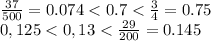 \frac{37}{500}=0.074<0.7< \frac{3}{4}=0.75&#10;\\\&#10;0,125 <0,13< \frac{29}{200}=0.145