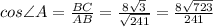cos \angle A = \frac{BC}{AB}=\frac{8\sqrt{3}}{\sqrt{241}}=\frac{8\sqrt{723}}{241}