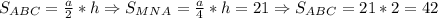 S_{ABC}=\frac{a}{2}*h\Rightarrow S_{MNA}=\frac{a}{4}*h=21 \Rightarrow S_{ABC}=21*2=42