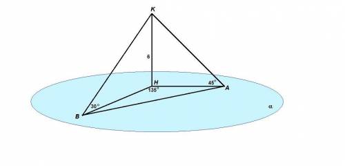 Точка к находится на расстоянии 6см. от плоскости,наклонные ка и кв образуют с плоскостью углы 45 и