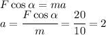 F\cos\alpha=ma\\a=\cfrac{F\cos\alpha}{m}=\cfrac{20}{10}=2