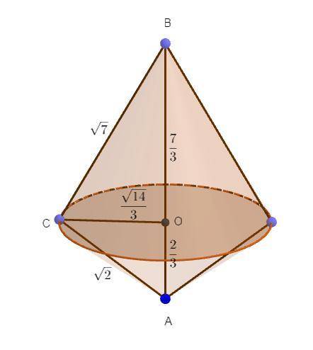Прямоугольный треугольник с катетами корень из 2 и корень из 7 см вращается вокруг гипотенузы. найди