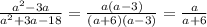 \frac{a^2-3a}{a^2+3a-18}=\frac{a(a-3)}{(a+6)(a-3)}=\frac{a}{a+6}