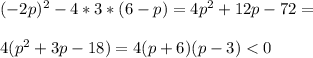 (-2p)^2-4*3*(6-p)=4p^2+12p-72=\\\\4(p^2+3p-18)=4(p+6)(p-3)<0