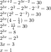 \\2^{3x+2}-2^{3x-2}=30\\&#10;2^{3x}\cdot2^2-2^{3x}\cdot2^{-2}=30\\&#10;2^{3x}(2^2-2^{-2})=30\\&#10;2^{3x}(4-\frac{1}{4})=30\\&#10;2^{3x}\cdot\frac{15}{4}=30\\&#10;2^{3x}=8\\&#10;2^{3x}=2^3\\&#10;3x=3\\&#10;x=1&#10;&#10;