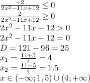 \frac{-2}{2x^2-11x+12} \leq 0&#10;\\\&#10; \frac{2}{2x^2-11x+12} \geq 0&#10;\\\&#10;2x^2-11x+12 0&#10;\\\&#10;2x^2-11x+12 =0&#10;\\\&#10;D=121-96=25&#10;\\\&#10;x_1= \frac{11+5}{4} =4&#10;\\\&#10;x_2= \frac{11-5}{4} =1.5&#10;\\\&#10;x\in (-\infty; 1,5) \cup (4; +\infty)