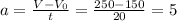 a=\frac{V-V_0}{t}=\frac{250-150}{20}=5