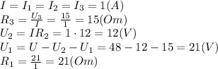I=I_1=I_2=I_3=1(A)&#10;\\\&#10;R_3= \frac{U_3}{I} = \frac{15}{1} =15(Om)&#10;\\\&#10;U_2=IR_2=1\cdot12=12(V)&#10;\\\&#10;U_1=U-U_2-U_1=48-12-15=21(V)&#10;\\\&#10;R_1= \frac{21}{1} =21(Om)