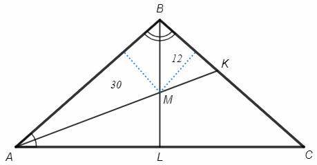 Вравнобедренном треугольнике abc с равными сторонами ab ивс биссектрисы ак и bl пересекаются в точке
