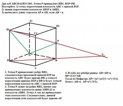 Дан куб abcda1b1c1d1. точка р принадлеит вв1, в1р=рв. посторйте: 1) точку пересек. плоскость авс с п