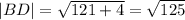 |BD|= \sqrt{121+4}= \sqrt{125}