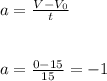 a= \frac{V-V_0}{t}&#10;\\\\\\a= \frac{0-15}{15}= -1